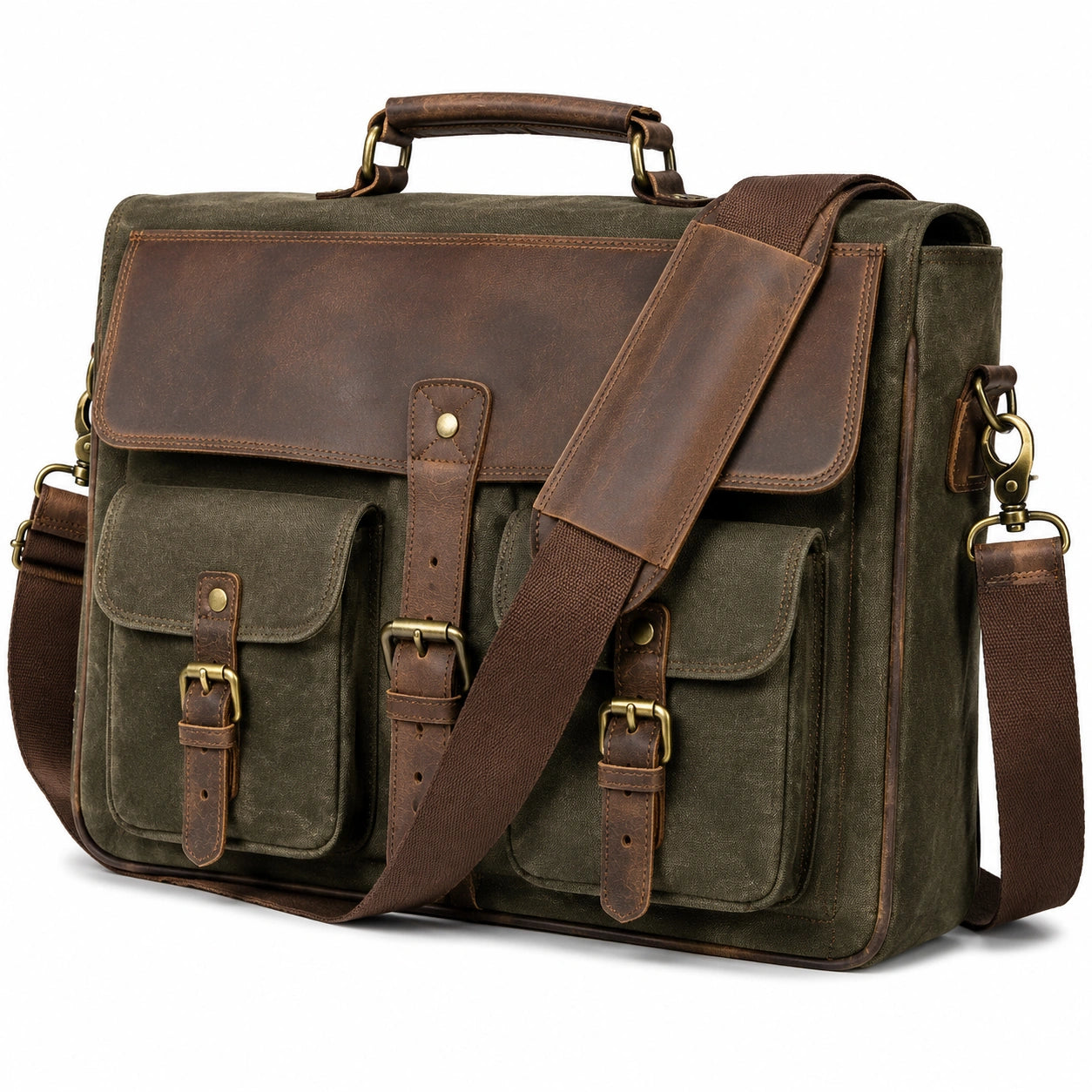 Aktentasche 40 x 12 x 30 cm aus Canvas und Leder in Olivgrün Braun mit Schultergurt