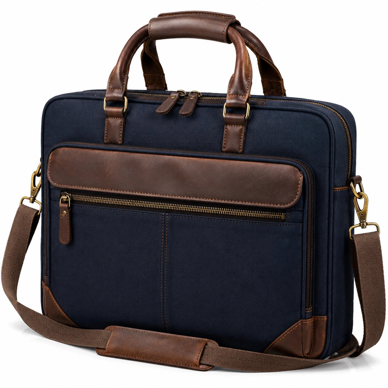Laptoptasche 42 x 30 x 10 cm aus Textilgewebe und Kunstleder in Dunkelblau Braun mit Schultergurt
