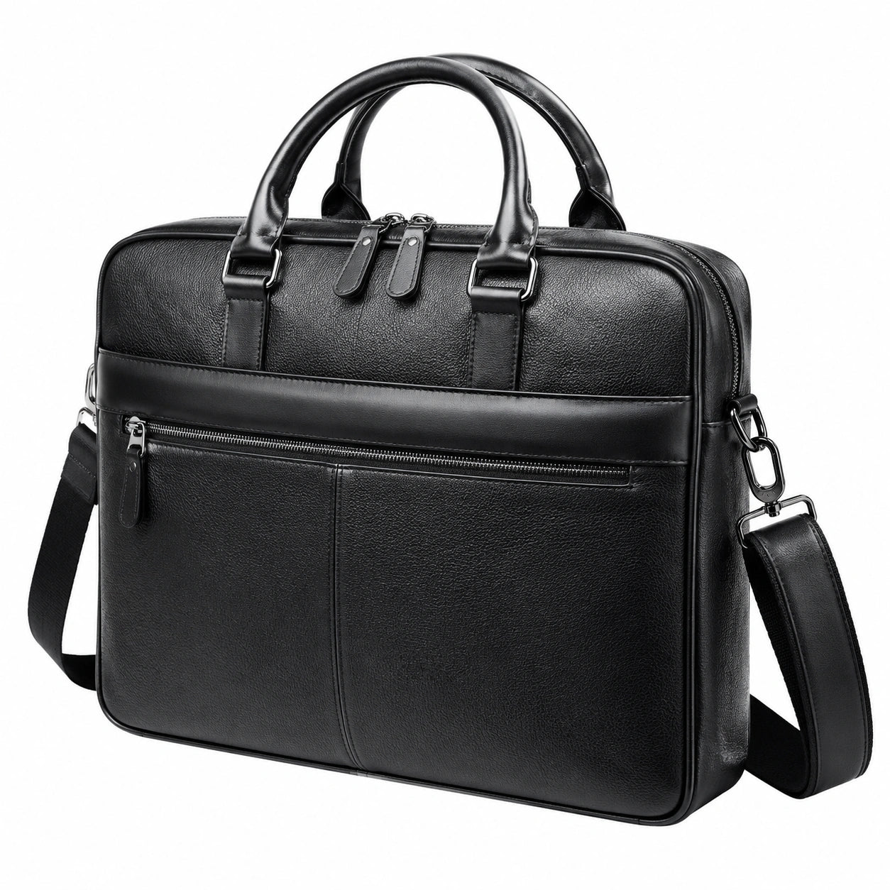 Laptoptasche 40 x 10 x 30 cm aus schwarzem Kunstleder mit Reißverschluss und Schultergurt