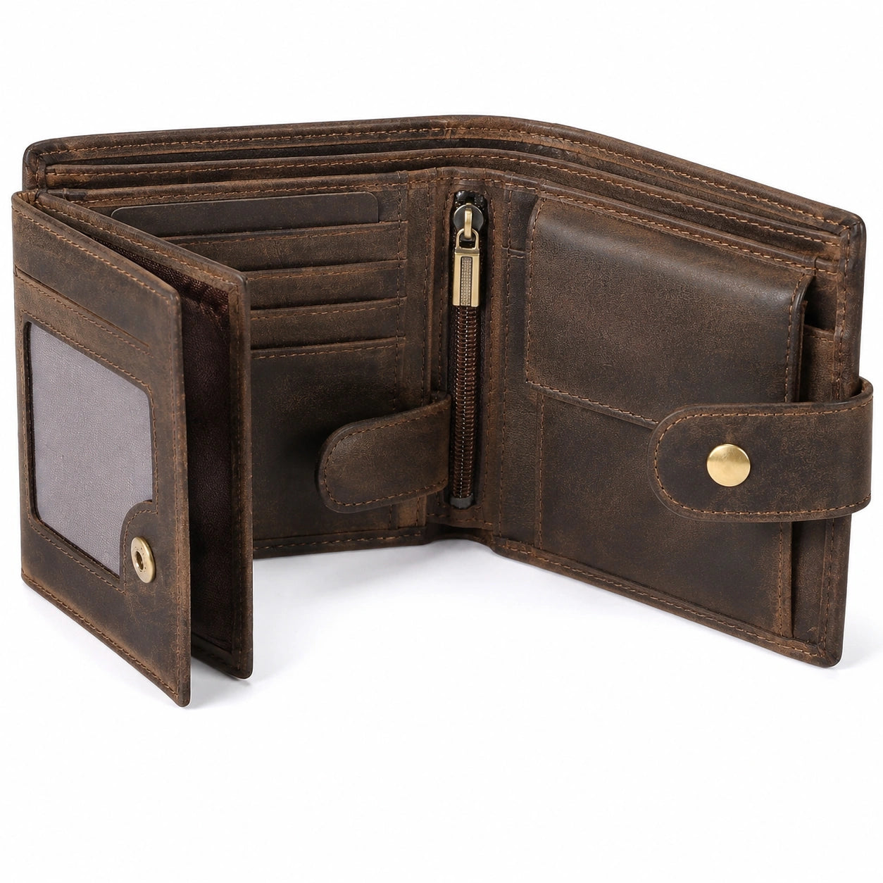 Geldbörse 12 cm braunes Leder im Vintage-Stil mit Druckknopf und Kartenfächern