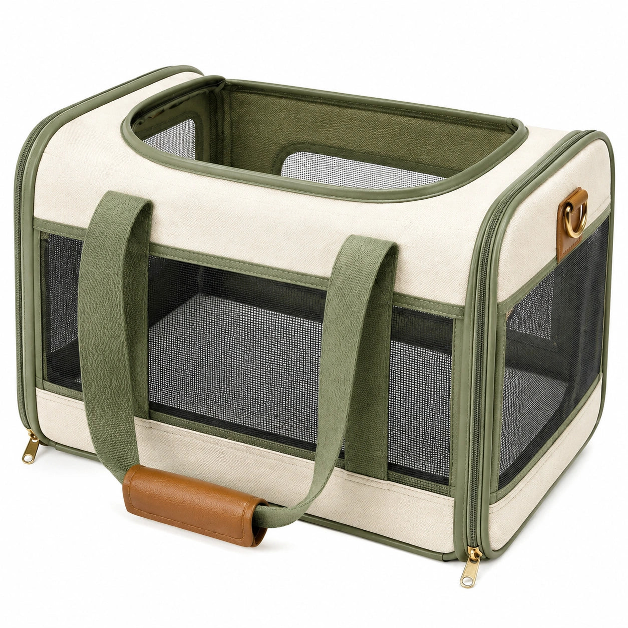 Haustier Transporttasche 40 x 25 x 30 cm Textil Creme/Grün für Katzen und kleine Hunde faltbar
