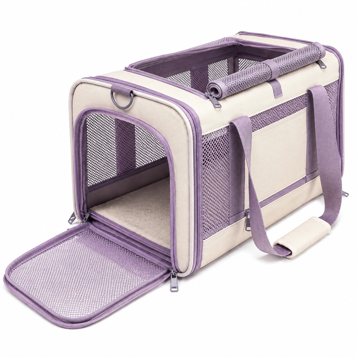 Haustier Transporttasche 45 x 28 x 28 cm Textil Beige Lila faltbar mit Netzeinsätzen