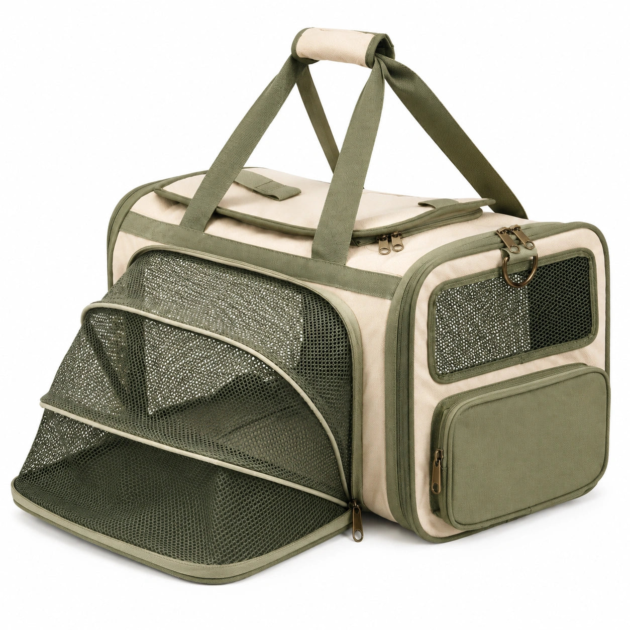Haustier Transporttasche 46 x 28 x 30 cm aus Textilgewebe in Beige Olivgrün mit Netzfenstern und Reißverschluss