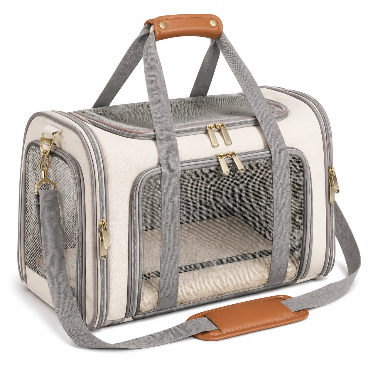 Haustier-Transporttasche 45 cm aus Textil in Creme Grau mit Netzfenstern und Schultergurt
