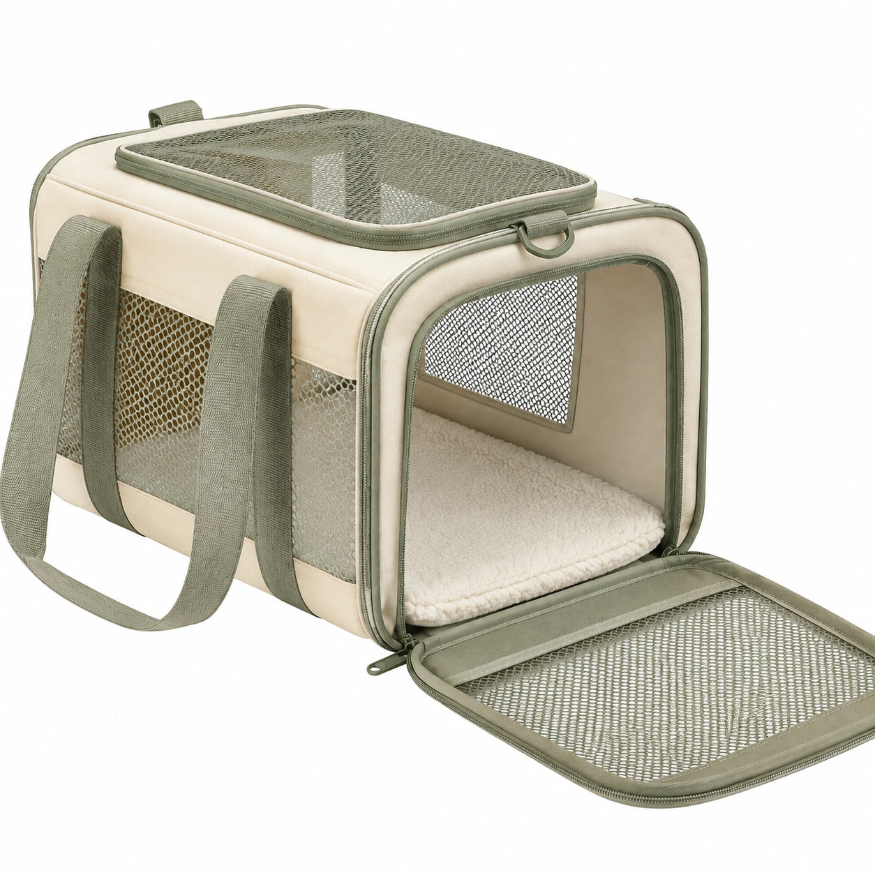 Haustier-Transporttasche 45 x 28 x 28 cm aus Polyester Beige Grün mit Netzfenstern