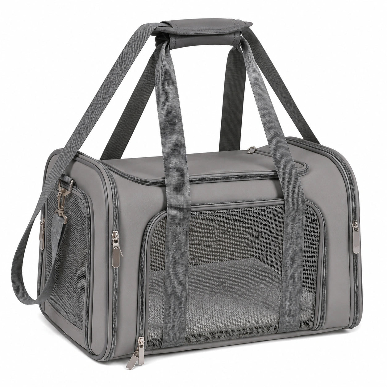 Haustier Transporttasche 50 x 30 x 30 cm aus Polyester in Grau mit Netzfenstern und Schultergurt