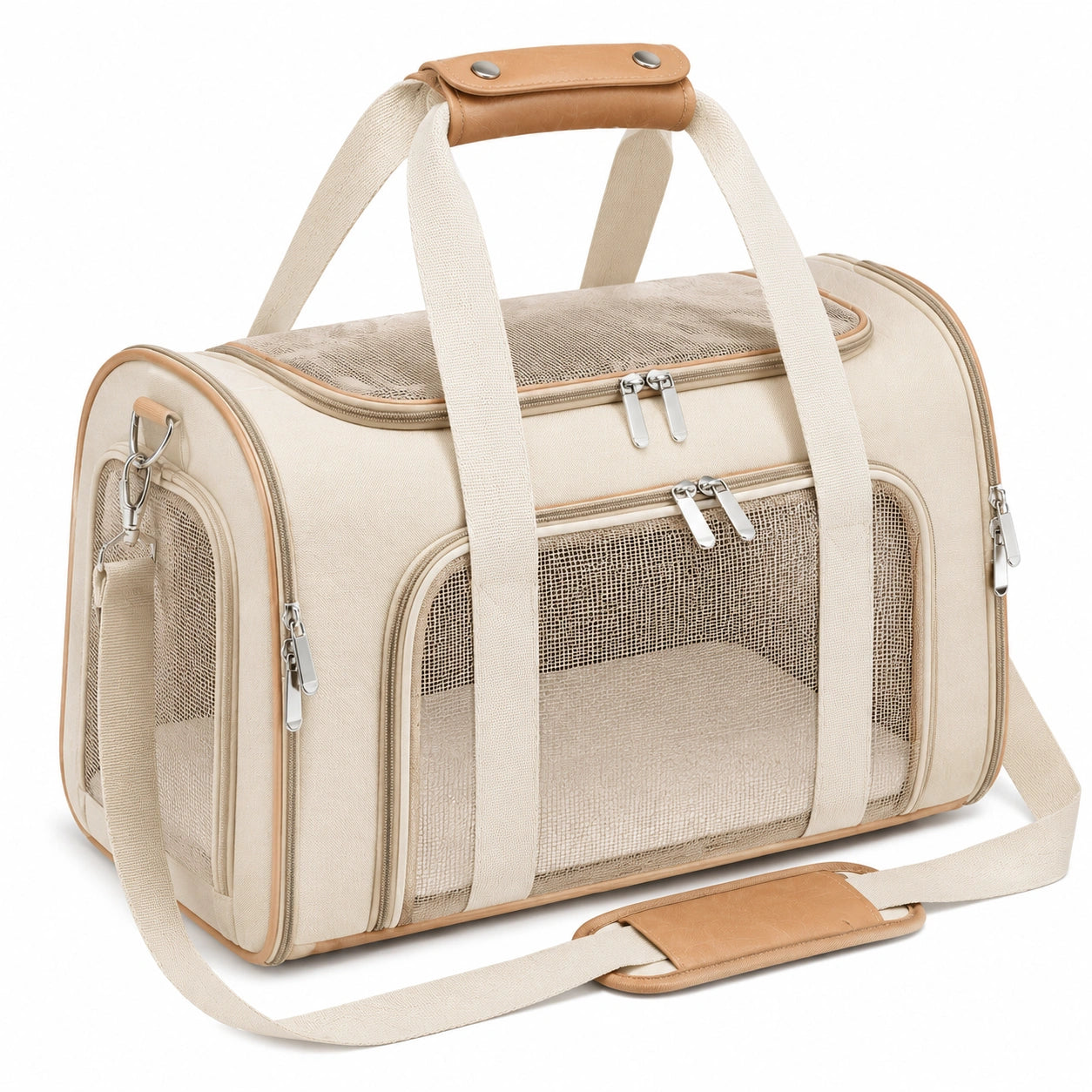 Tiertransporttasche 45 x 28 x 30 cm aus Textil in Beige mit Netzfenstern und Schultergurt