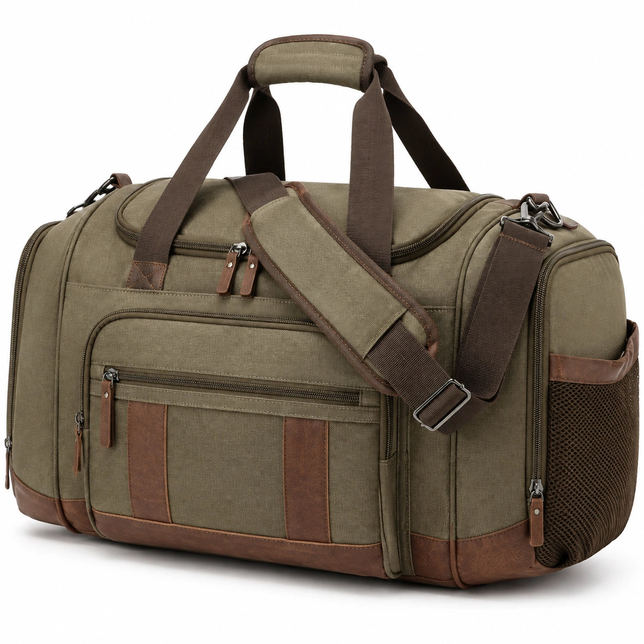 Reisetasche 50 x 25 x 30 cm aus Canvas Olivgrün Braun mit Schultergurt