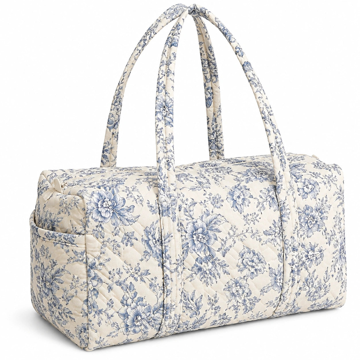 Reisetasche 45 x 25 x 30 cm Textil Creme/Blau geblümt gesteppt mit Reißverschluss