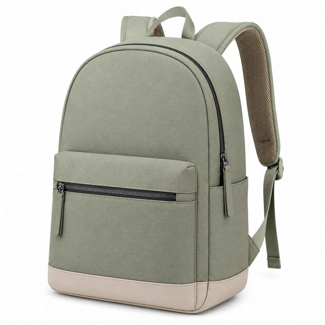 Rucksack 30 x 15 x 40 cm aus Kunstleder in Salbeigrün für Alltag mit Reißverschlussfächern