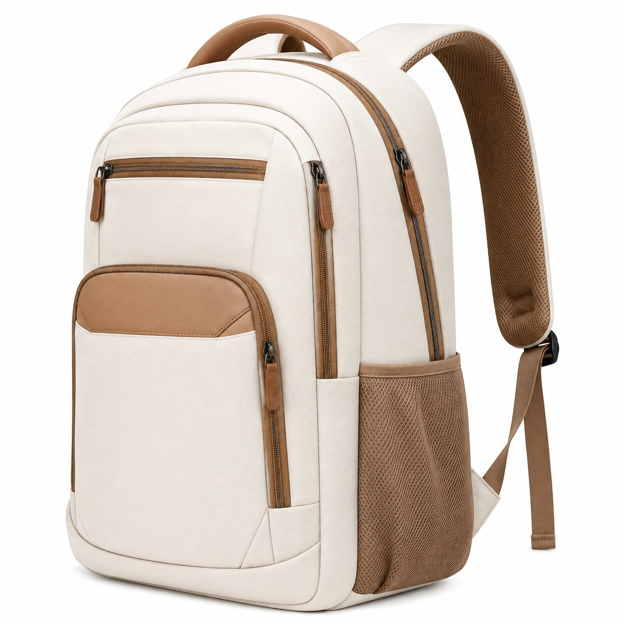 Rucksack 30 x 15 x 45 cm aus Textilgewebe in Cremebraun mit Mehrfachfächern für Alltag und Reisen
